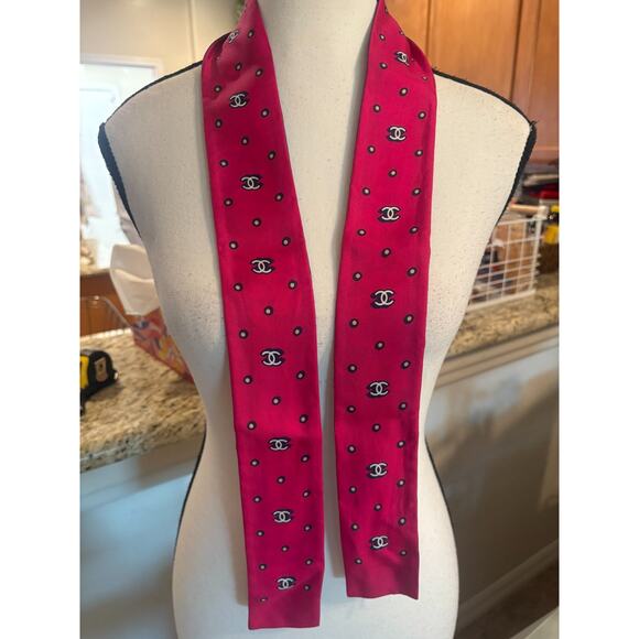 Chanel Silk Twill Slim Bandeau Scarf Blue Ecru Beige - Picture 4 of 8